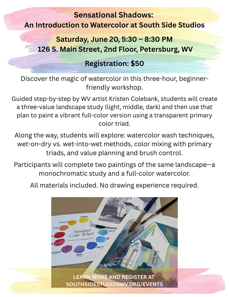 Sensational Shadows An Introduction to Watercolor Saturday, June 20 530 – 830 PM South Side Studios WV 126 S. Main Street, 2nd Floor Petersburg, WV (1)